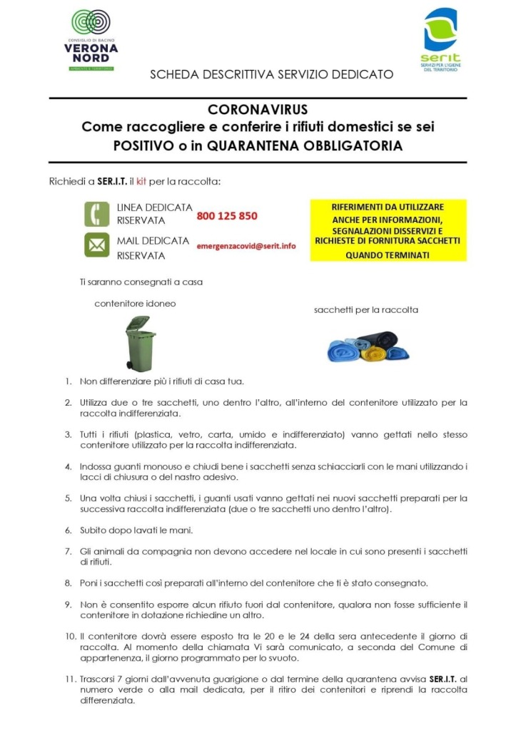 CORONAVIRUS - Come raccogliere e conferire i rifiuti domestici se sei positivo o in quarantena obbligatoria